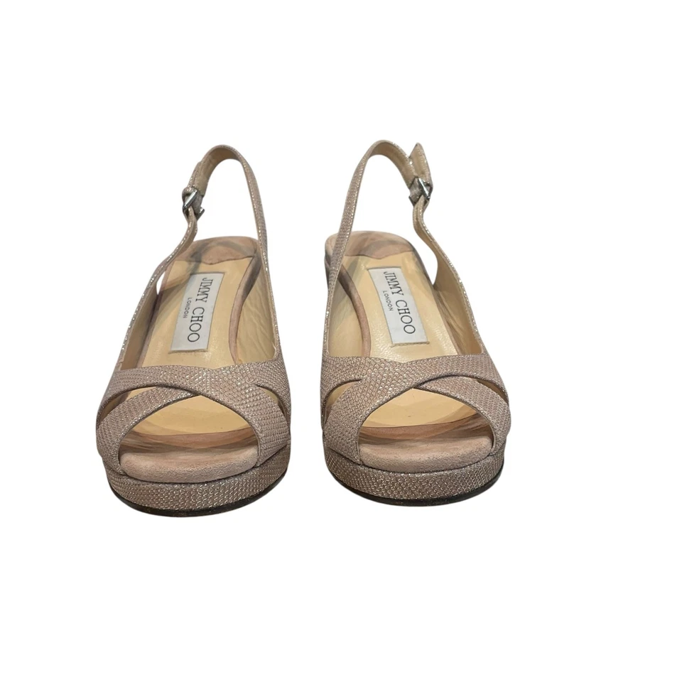 Sandalias Jimmy Choo Beige Brillo Gamuza Cuero Plataforma Correas Talla 35 / EE. UU. 5 Foto 3 de 4