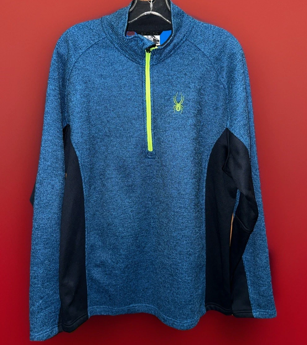 Spyder Sweater Mens XL Blue 1/2 Zip Fleece Lined Performance Midlayer Sweatshirt