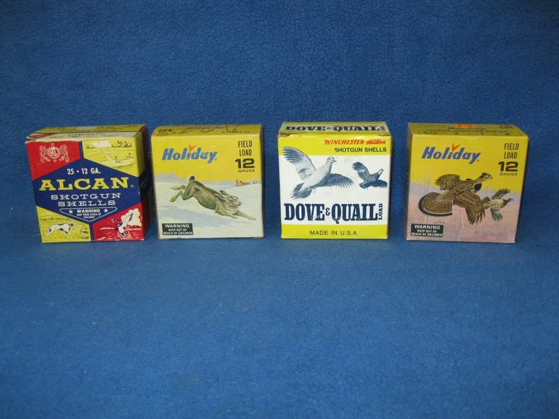 Four vintage 12-gauge shotgun shell boxes including 2 Les Kouba's