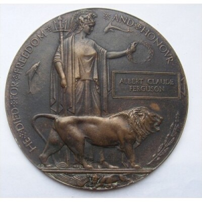 WW1 Death Penny Plaque ALBERT CLAUDE FERGUSON   unique Name Researched