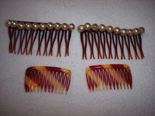 Vintage Faux Tortoise Hair Combs - Two with Faux Pearls - Two Small Plain