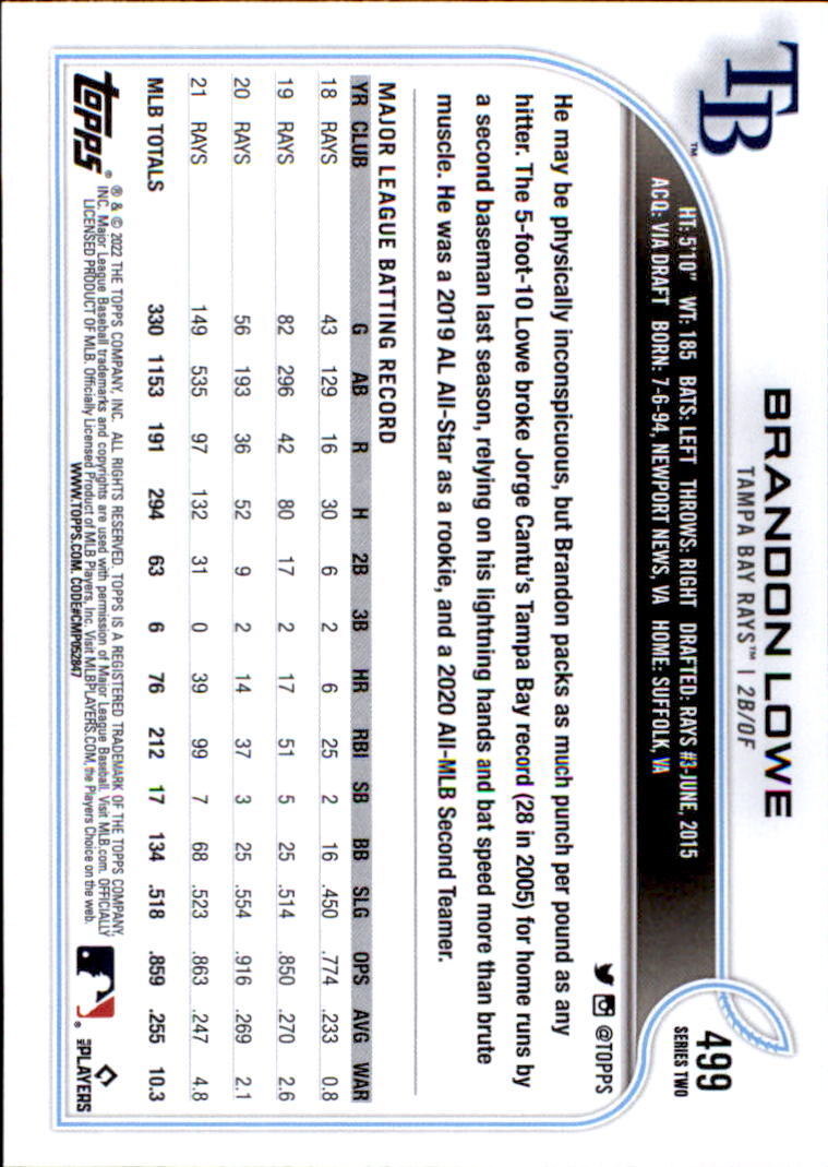 2022 Topps TampaBay Rays Baseball Card 499 Brandon Lowe eBay
