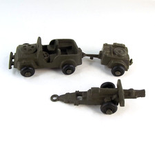 Lido Plastic Army Jeep, Cannon, Ammo Trailer 3 Piece Set With Rubber Tires 1950s