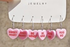 3 Pairs Pink Heart Dangle Earrings Valentine s Day Be Mine, Hug Me, Sweet Heart