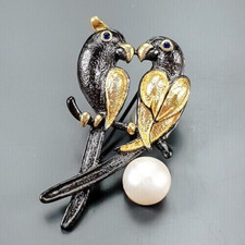 Designerbrosche-Vogelpaar-925er Silber-14ct Gold-Perle+Saphire-5cm