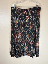 Maeve Anthropologie 16 Midi Skirt Black Silky bird Satin Slit Floral Resort Boho