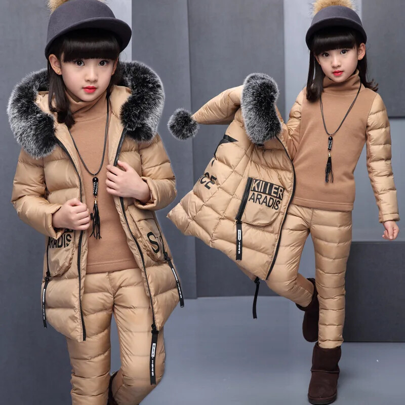 Girl Clothing Sets Winter Hooded Vest Jacket Warm Pants Pieces Clothes  Coat