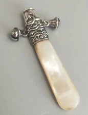 Antique Victorian Sterling Silver & Mother of Pearl Teething Rattle Whistle 1898