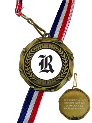 Gothic Stil Anfangsbuchstabe ''R'' 45 mm Kombi Medaille & Band Gravur gratis
