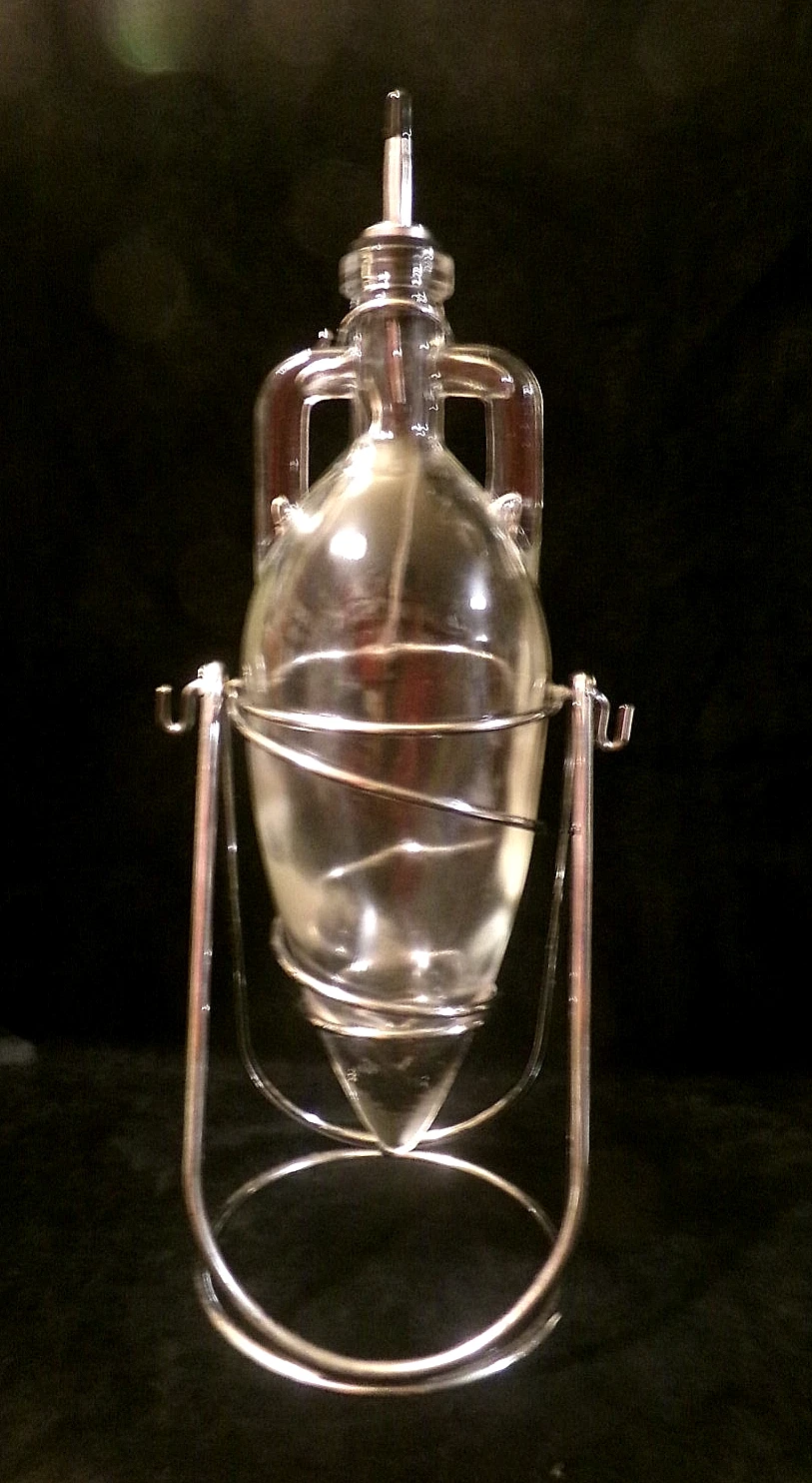 VINTAGE GLASS OLIVE OIL BOTTLE w/CHROME WIRE "TILTING" STAND and DRIZZLE SPOUT