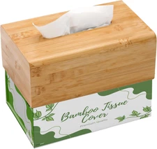 Bamboo Tissue Box Cover - Water-Resistant Rectangular Wooden Facial Tissue Box w