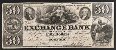 #ad Exchange Bank of Virginia Norfolk $50 Obsolete Banknote. VERY CLEAN NO FOLDS $250.00