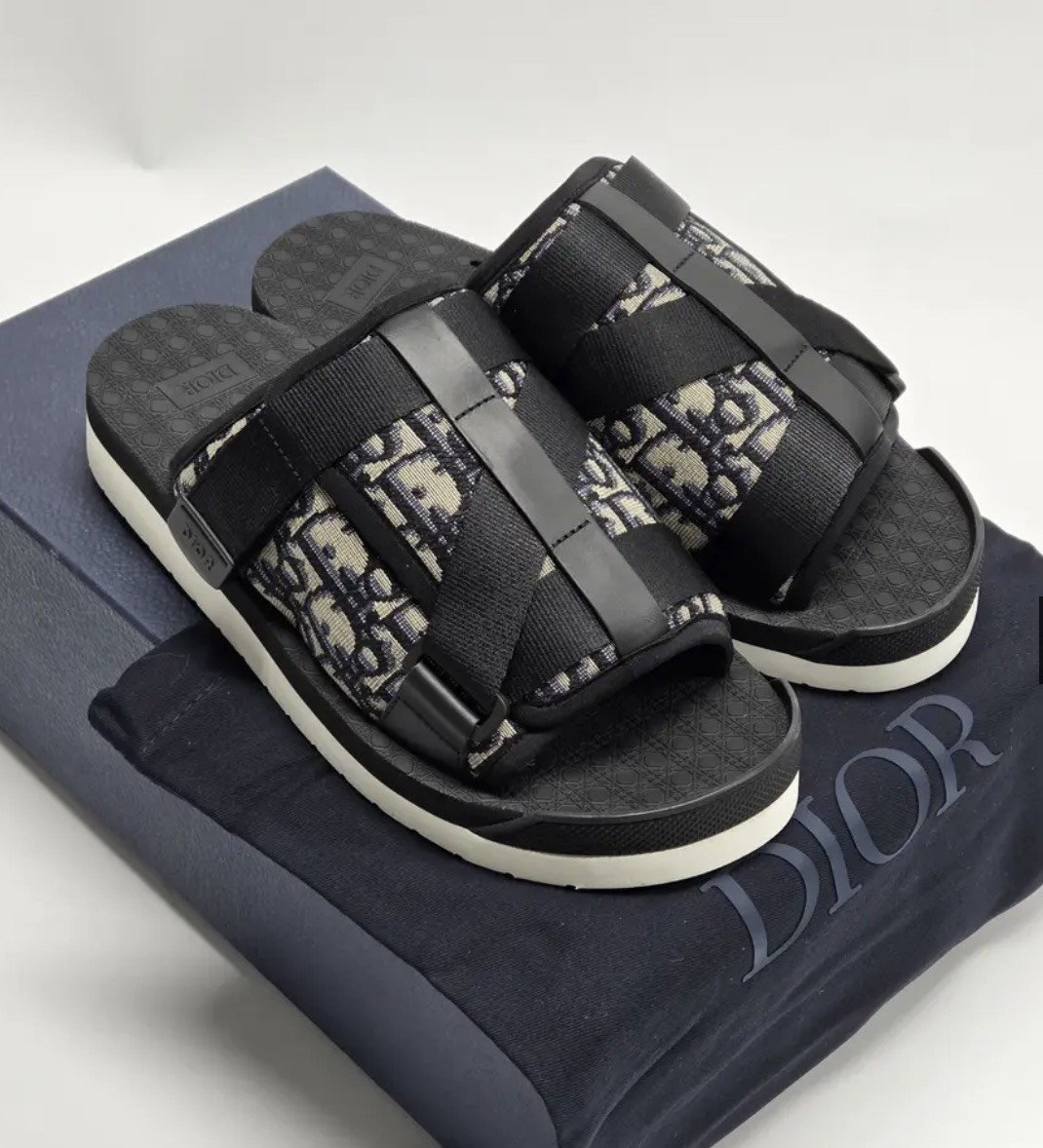 Christian Dior ALPHA Oblique Canvas Sandals Men's Black Logo