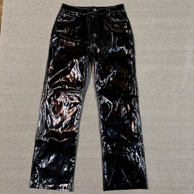 Vera Moda Black Faux Leather Pants Vegan Size 30x32 Loose Straight Glossy [M528]