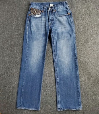 True Religion Ricky Jeans Mens 30 Blue Super T Leather Flap Pockets Gold 32x32.5