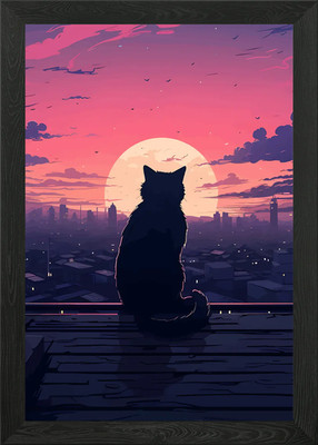 Gerahmtes Wandbild Poster Leinwanddruck Bild Katze Silhouette auf dem Dach bei Sonnenuntergang