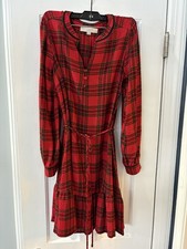 Loft XS Red Plaid Dress with Black Velvet Around Wrist and Neck Long Sleeves
