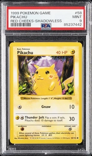 1999 POKEMON GAME RED CHEEKS-SHADOWLESS #58 PIKACHU PSA 9