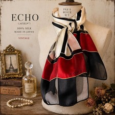 Vintage Echo 100 Silk Oblong Scarf Ivory Black Red Stripe Japan