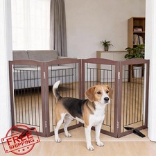 SFJC 4 Panel Freestanding Wood Dog Gate Indoor 80x32" Brown