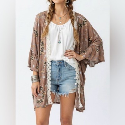 Jade by Jane Boho Lace Trim Open Front Southwestern Kimono Taupe Size 1XL / 2XL