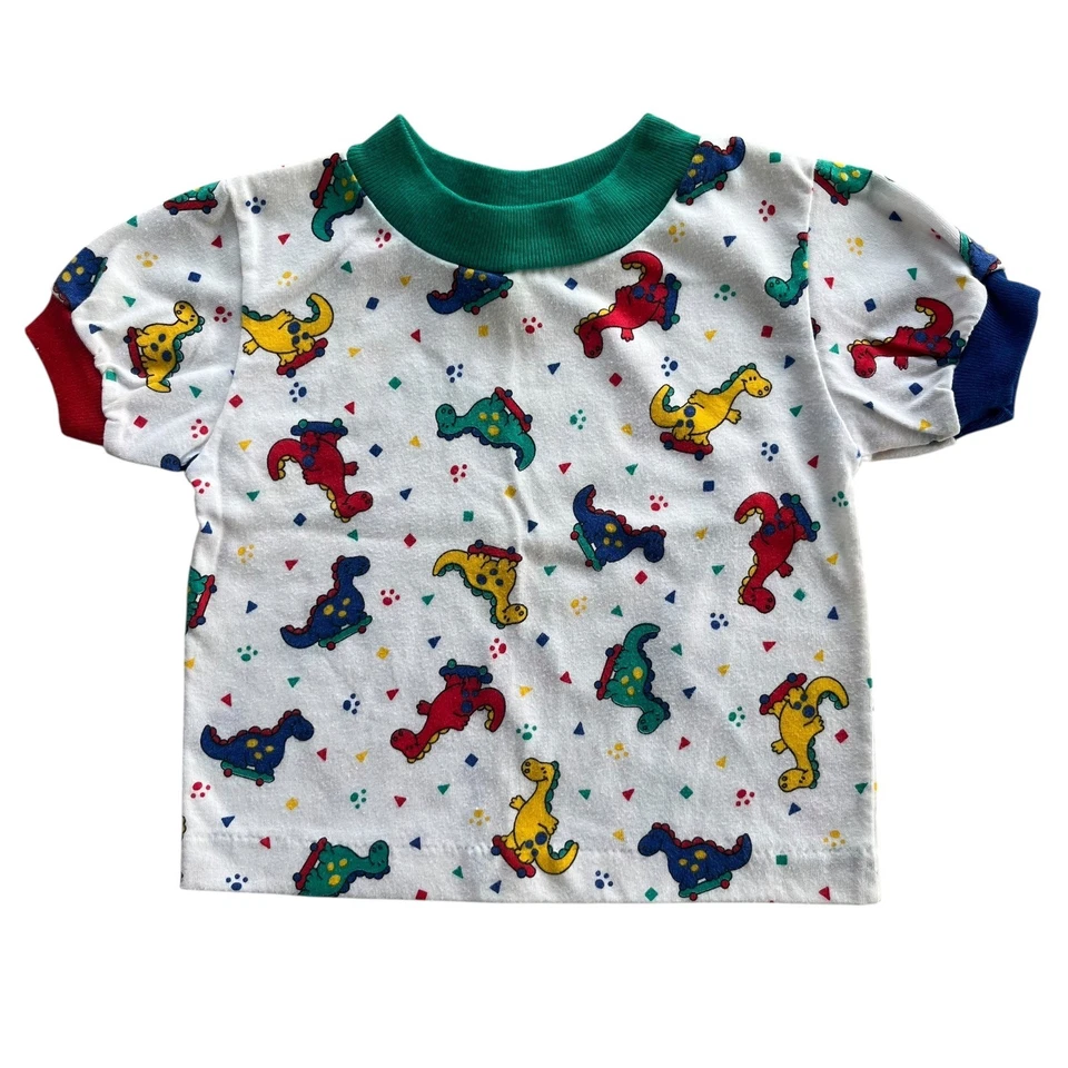 Conjunto de camiseta y corto vintage Healthtex 12-18 meses blanco rojo verde azul dinosaurio Foto 4 de 4