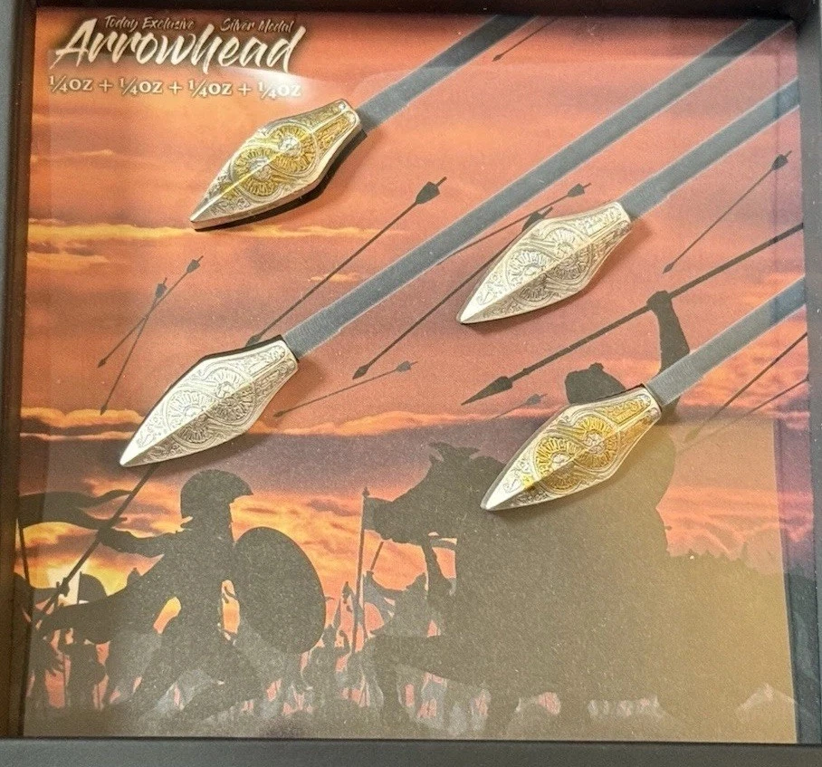 (4) 1/4 999 Silver Arrowheads Antiqued & Gold Gilded South Korea W/Display & COA - Image 2 of 4