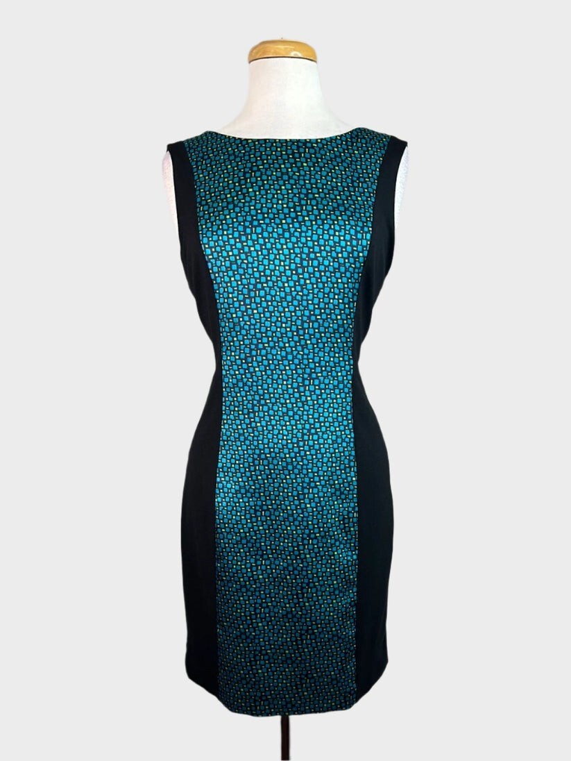 TAHARI Fitted Sleeveless Sheath Dress Black Teal Satin Women's Size 2