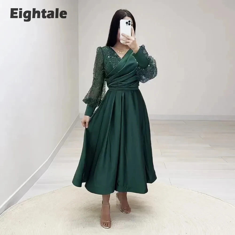 Dark Green Aesthetic Clothes Evening Prom Dress For Wedding Party Satin Shiny V-Neck Long Sleeves A-Line Gown Dark Green Aesthetic Clothes Evening Prom Dress For Wedding Party Satin Shiny V-Neck Long Sleeves A-Line Gown