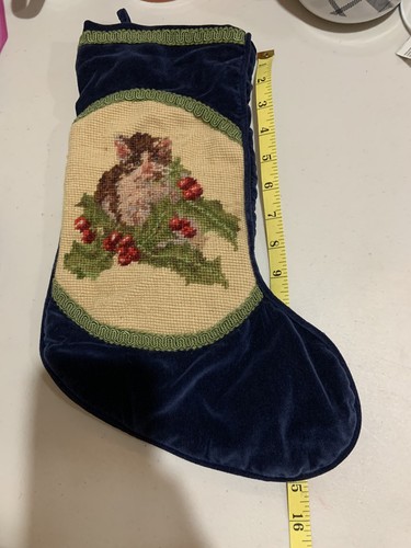 Unbranded Blue Velvet Lined Christmas Stocking w/ Kitten & Holly Needle Point - Picture 5 of 6