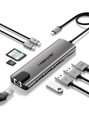 Lemorele Hubs Adapters 9-in-1 USB3.0 5Gbps, 4K hdmi, TF/SD read, RJ45LAN, PD100w
