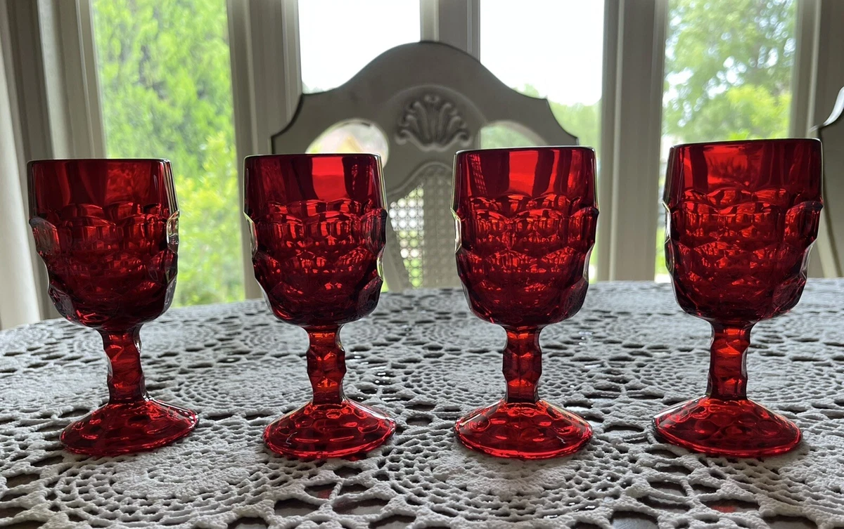 Red Wine Goblets, Red Glassware, Vintage Drinkware, 4 Red Cocktail Glasses , red Barware, Red Water Glasses, Holiday Glassware Gift Set 