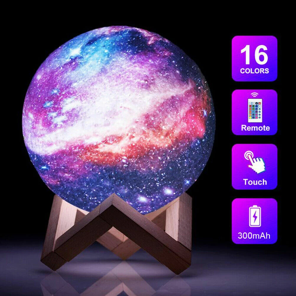 16 Colors Star Galaxy Moon Lamp w Stand Remote 3D Bedroom LED USB Night Light