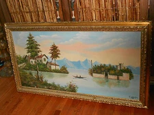 HUGE VINTAGE ESTATE ORIGINAL OIL PAINTING LANDSCAPE VILLAGE WATER  E. La Forgia