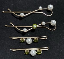 Gold Bobby Pins Set with Faux Pearls and Green Rhinestones for Women