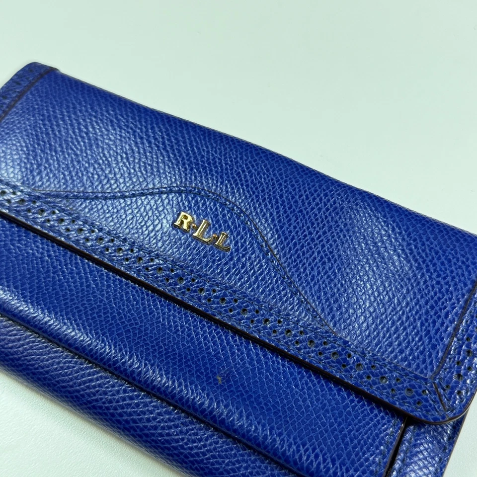 Lauren Ralph Lauren RLL Cartera de Cuero Guijarro Azul Doble Pliegue Cierre a Presión Tarjeta Foto 2 de 4
