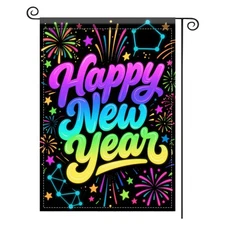 Happy New Year Garden Flag 2026 Neon Colorful Firework Holiday Decor Polyeste...