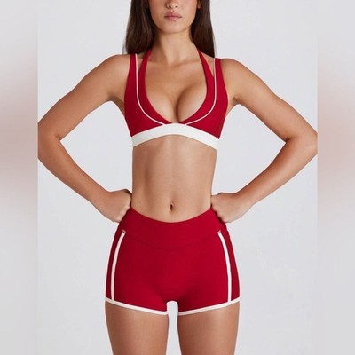 BO + TEE Soft Active Contrast Mini Shorts in Dark Red Stripe White Piping M
