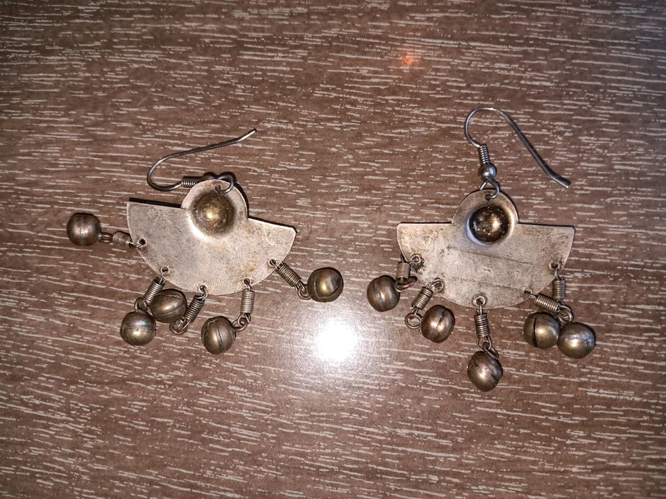 Винтажный красивый ремесленник вентилятор серебряные серьги колокола инкрустация этнический музыкальный племенной - Изображение 2 из 2