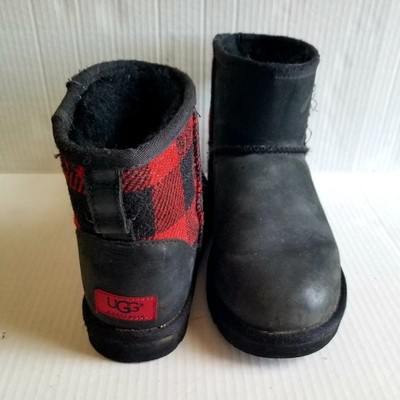 Uggs Men's Red & Black Buffalo Plaid Flannel & Black Leather Mini Ankle Boot 8