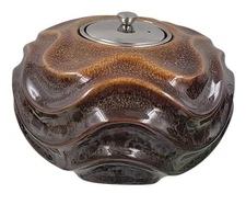 Brown Wave Ceramic Patio Tabletop Fire Pot With Metal Insert 8" D X 5.5" Tall