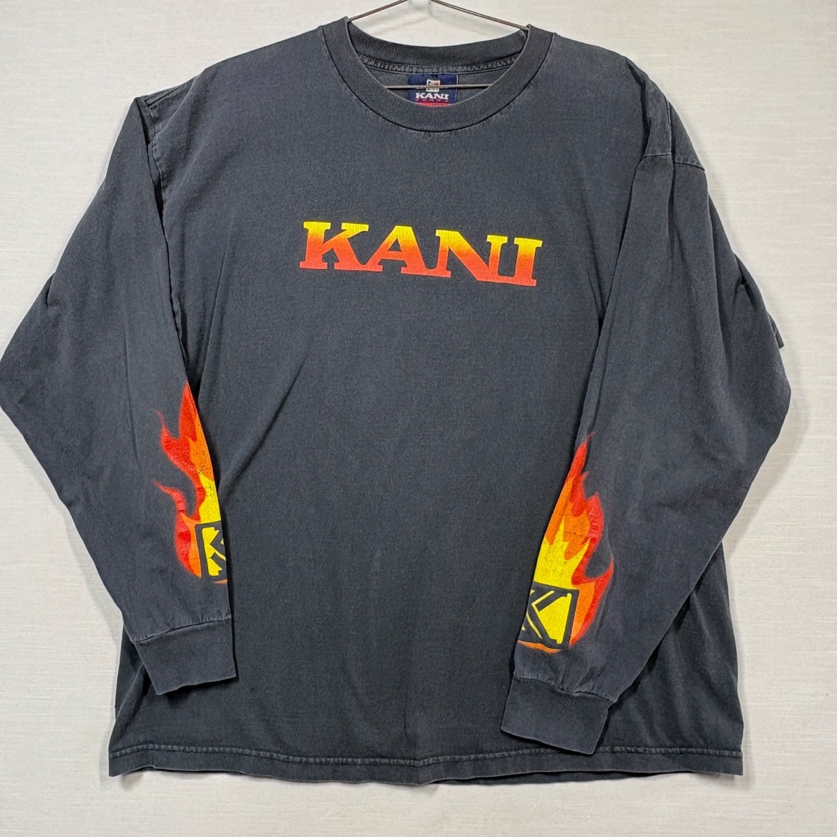 kani Vintage Kani Jeans Shirt Men XXL Black Flame Fire Sleeves Faded