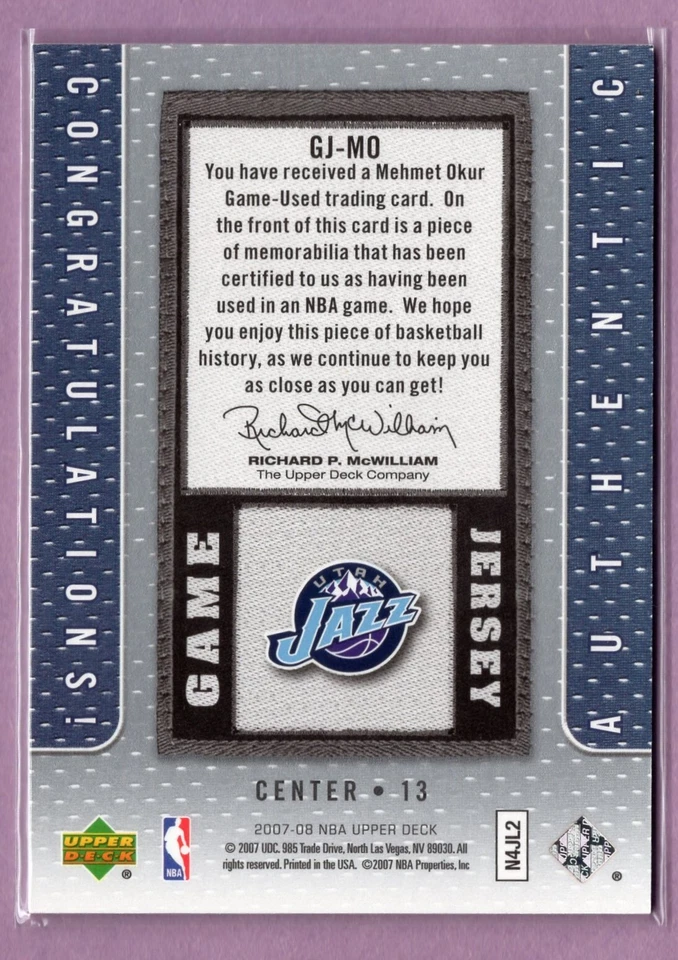 2007-08 UPPER DECK UD GAME JERSEY #MO MEHMET OKUR UTAH JAZZ GAME USED - Image 2 of 3