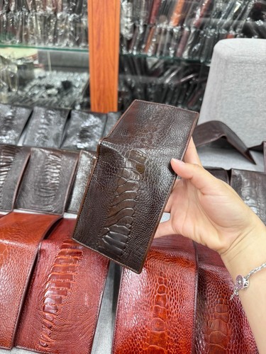 Genuine Ostrich Leather Skin Men's bifold wallet, Handmade, Brown - Picture 4 of 6