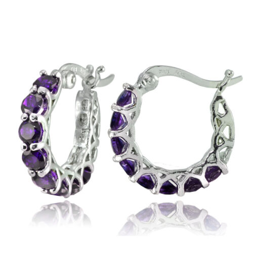 Sterling Silver Gemstone Birthstone Small Round Huggie Hoop Earrings - Picture 12 of 13