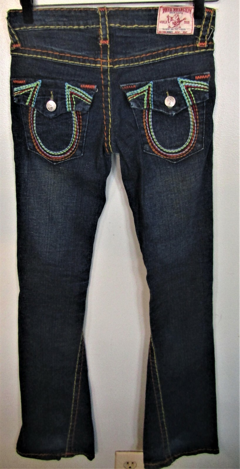 True Religion women's 100% cotton skinny flare jeans, size 26 Bobby, with embroi thumbnail 2