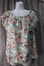 No Boundaries Junior's Blue Chevron Floral Print Tank Top Blouse Size XL (15-17)