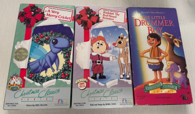 3 CHristmas F.H.E VHS Lot Little Drummer Rudolph Merry Cricket Bluetoes 1988