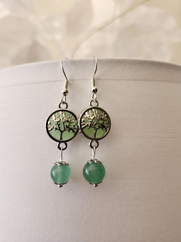 Green Tree Of Life Platinum Plated Aventurine Stone Earrings - Image 3 of 4