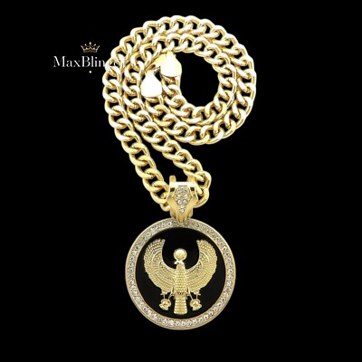 Hip Hop Iced Egypt Horus Bird CZ Pendant & 10mm 18'' ~ 30'' Cuban Chain Necklace